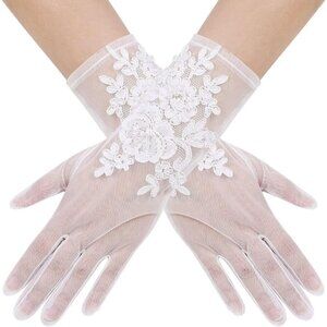 Women's Lvory 02 Short Floral Lace Gloves Sheer Mesh Bridal Wedding Party Prom